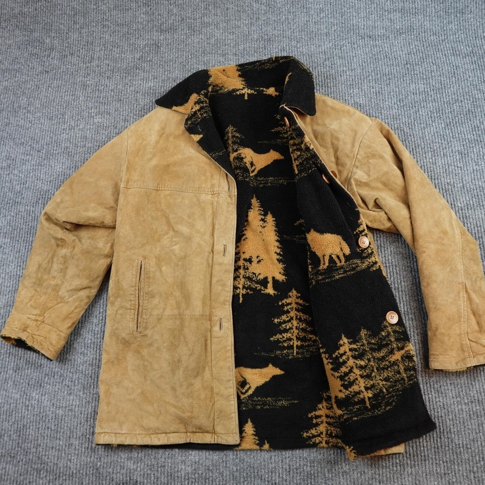 Denali Coat Mens XL Brown Suede Reversible Fleece Animal Print Button Outdoor